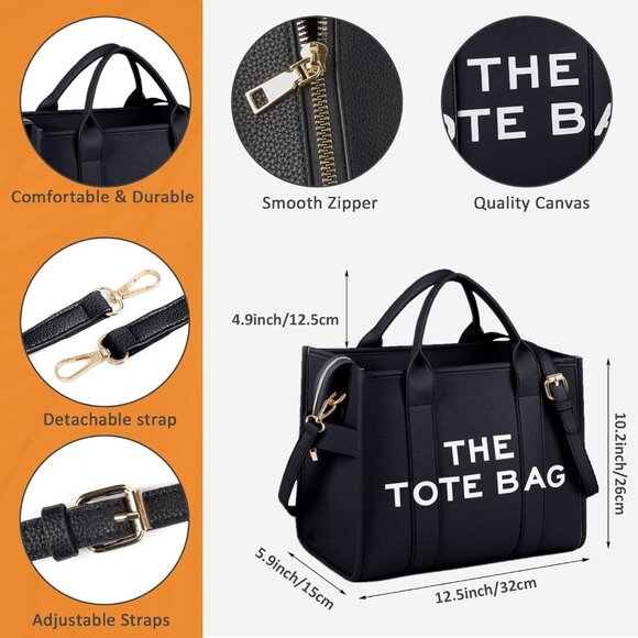 Women Pu-black Personalized Canvas With Zipper Top-handle Crossbody Tote Handbag - Picture 5 of 6